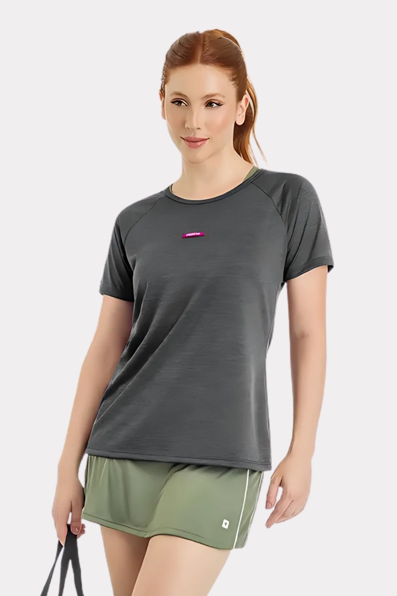 Produto - Blusa Endorfina Dry Fit Etiqueta Decorativa Feminina Mescla Grafite 