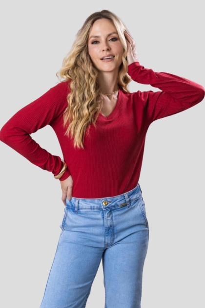 Produto - Blusa Gabip Canelada Manga Longa Gola V Feminina Cereja