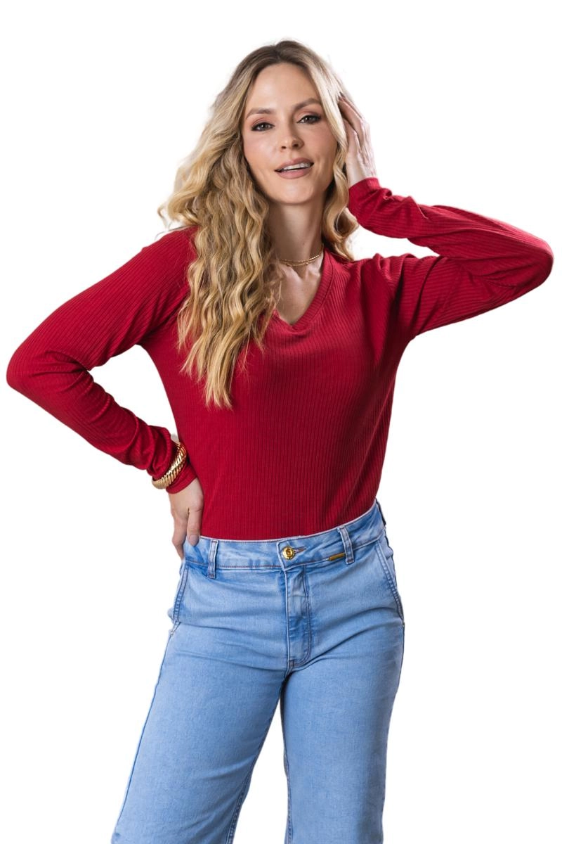 Blusa Gabip Canelada Manga Longa Gola V Feminina Cereja