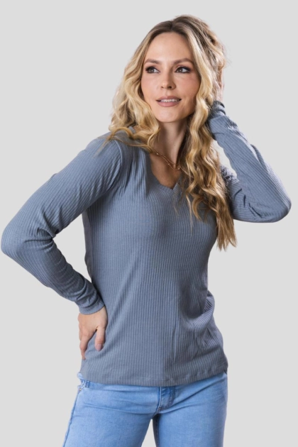 Produto - Blusa Gabip Canelada Manga Longa Gola V Feminina Cinza Claro