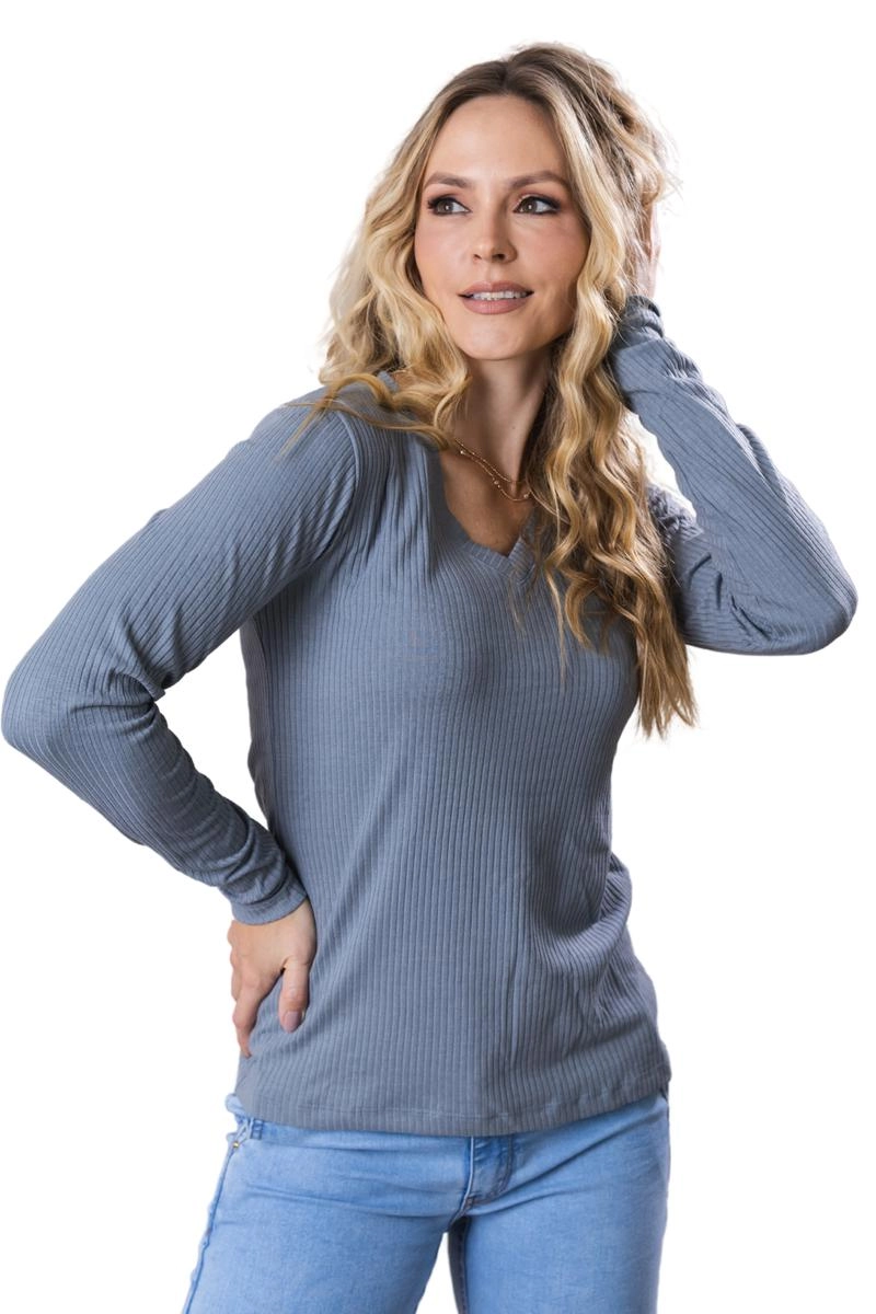 Blusa Gabip Canelada Manga Longa Gola V Feminina Cinza Claro