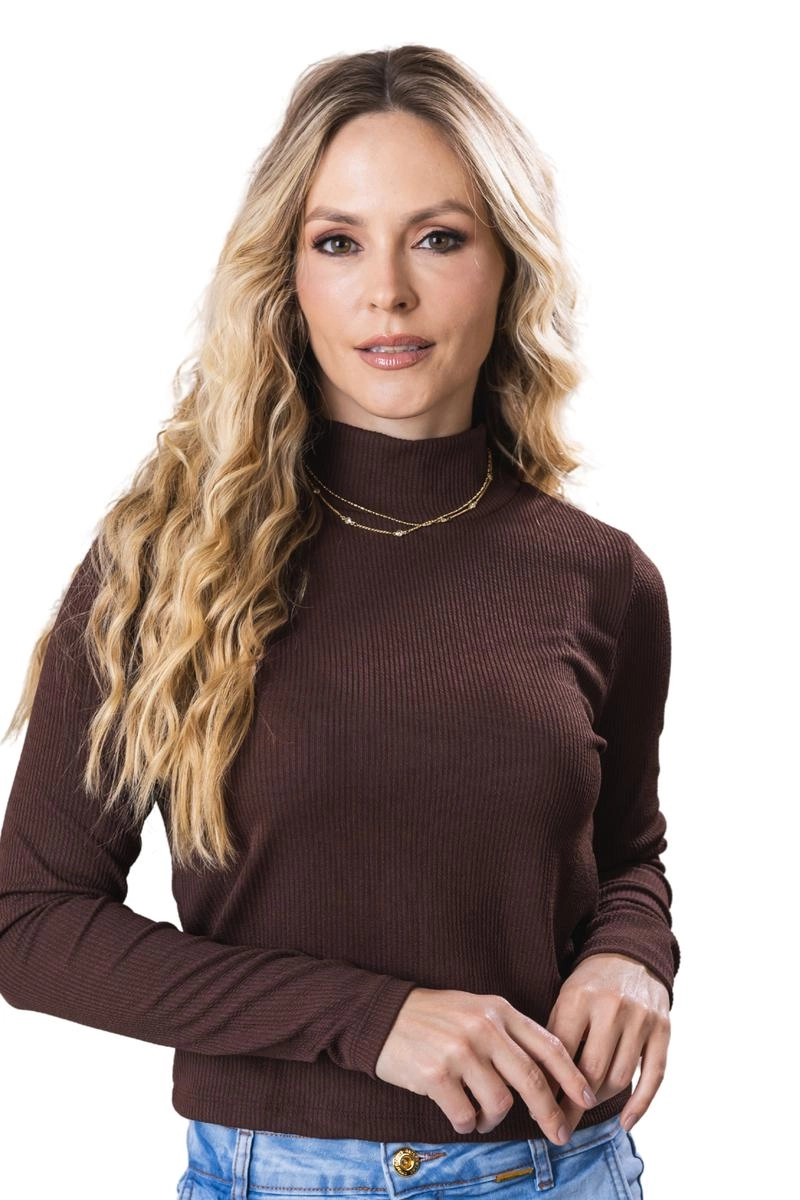 Blusa Gabip Cropped Manga Longa Gola Alta Feminina Marrom