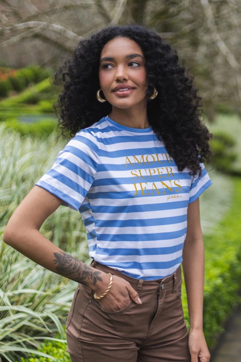 Produto - Blusa Gata Bakana Manga Curta Listrada Feminina Azul
