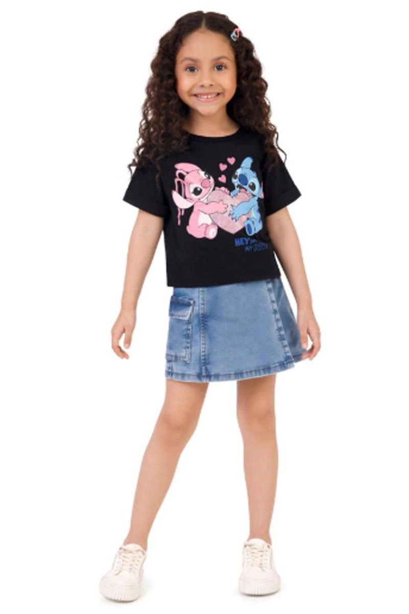 Blusa Malwee Stitch Manga Curta Infantil Feminina
