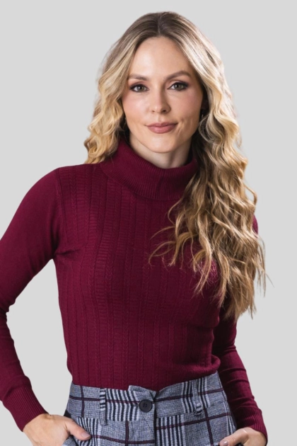 Produto - Blusa Mooncity Modal Gola Alta Ponto Trançado Feminina Vinho