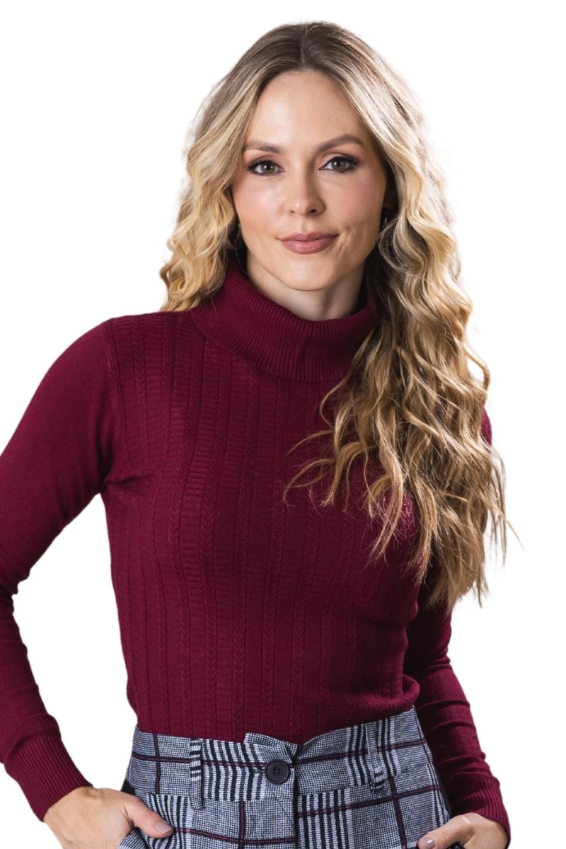 Blusa Mooncity Modal Gola Alta Ponto Trançado Feminina Vinho