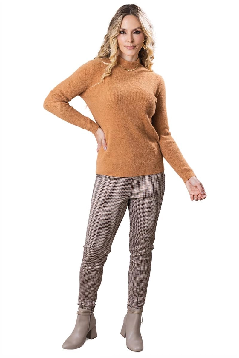 Blusa Mooncity Modal Gola Alta Textura Feminina Camel