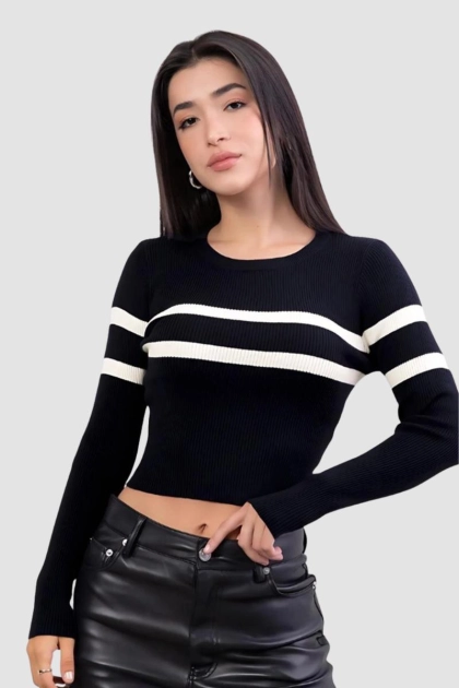 Produto - Blusa Sea Brazil Cropped Listrada Feminina Preta