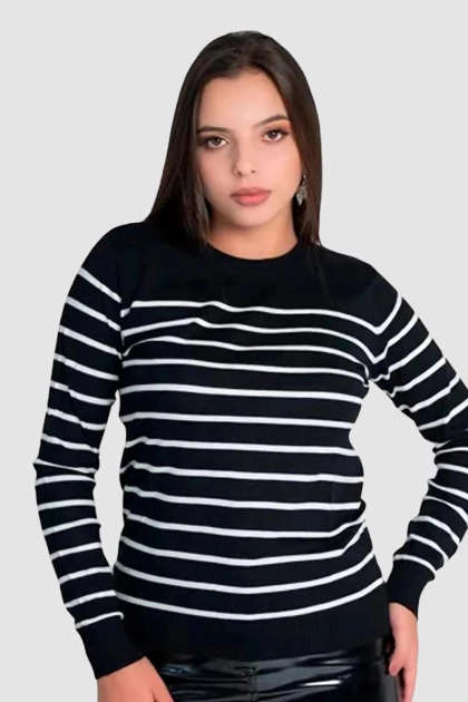 Produto - Blusa Sea Brazil Modal Gola Redonda Listrada Feminina Preta