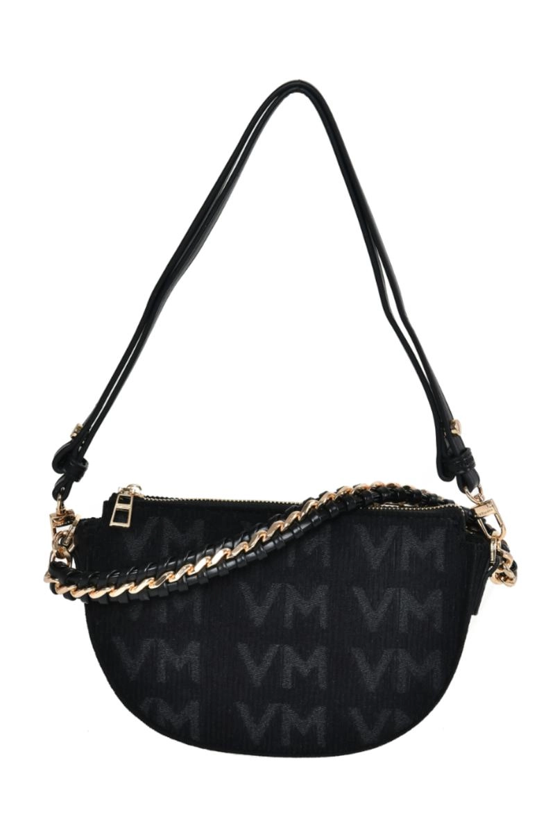 Bolsa Via Marte Veludo Jacquard Ombro Feminina Preta