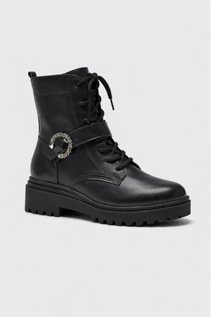 Produto - Bota Via Marte Coturno Fivela Brilho Feminina Preta