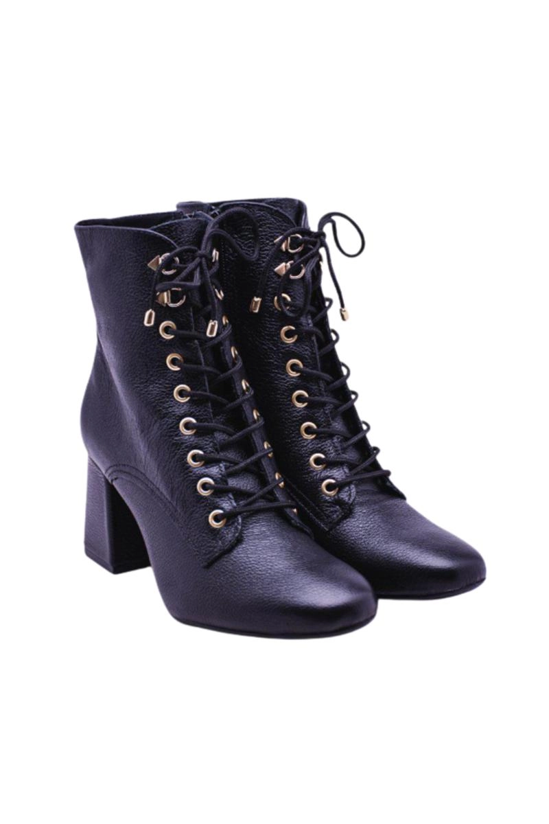 Bota Via Marte Couro Cano Curto Cadarço Feminina Preta