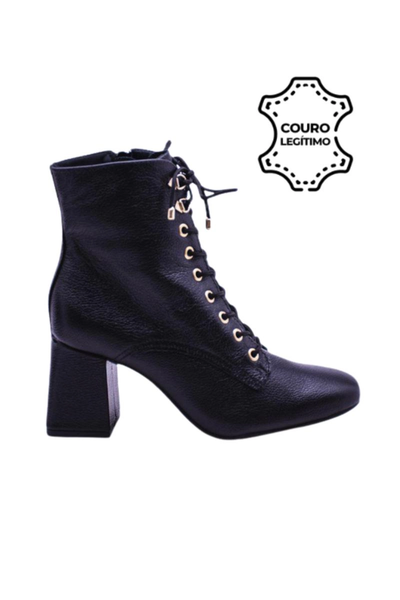 Bota Via Marte Couro Cano Curto Cadarço Feminina Preta