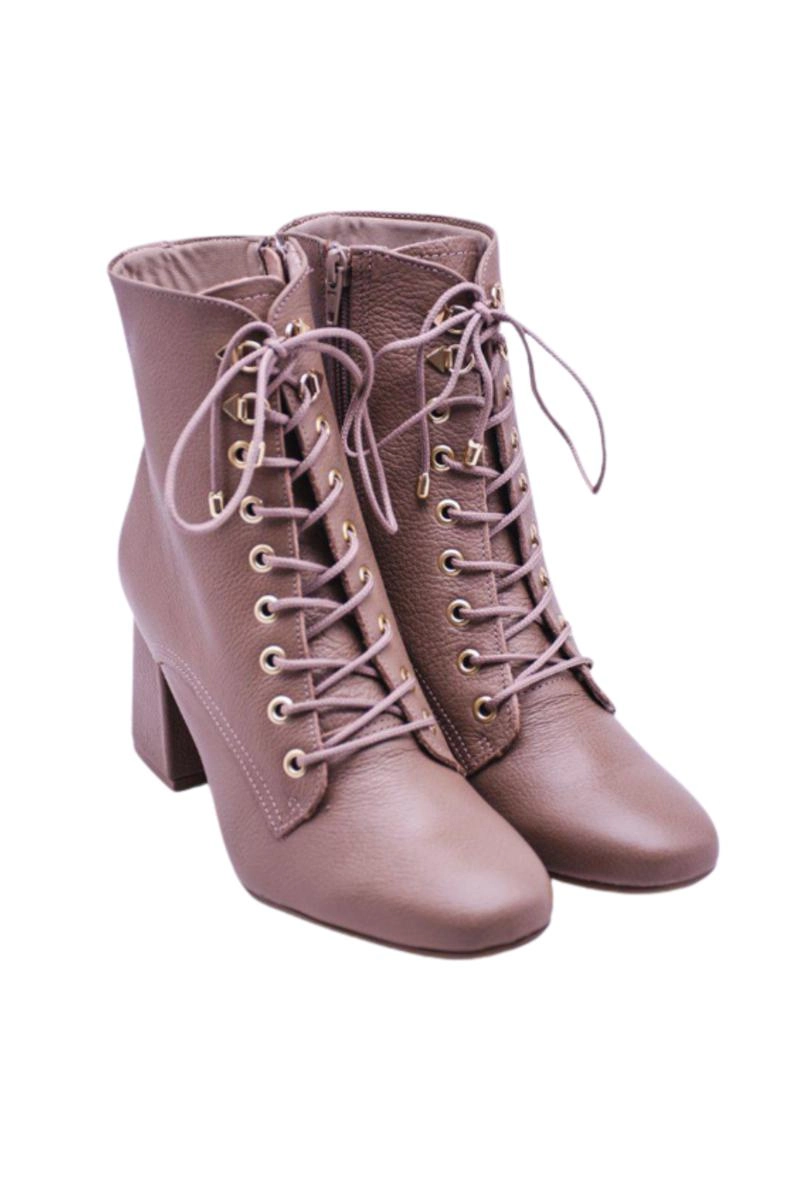 Bota Via Marte Couro Cano Curto Cadarço Feminina Tan