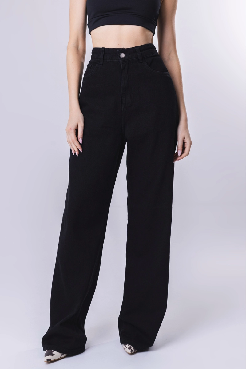 Produto - Calça Max Denim Jeans Wide Leg Feminina Preta 