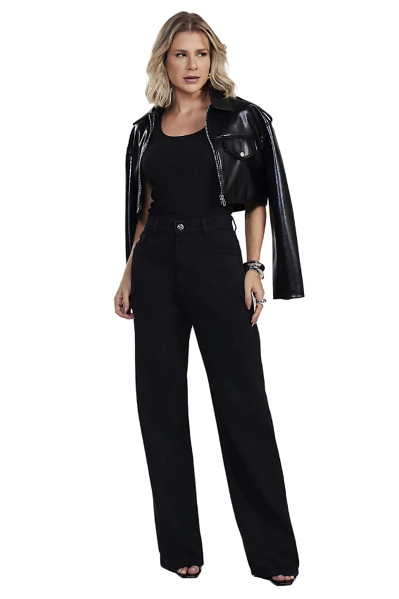 Calça Max Denim Jeans Wide Leg Feminina Preta 