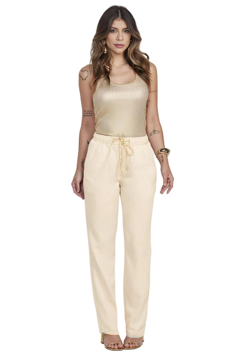 Calça Max Denim Reta Com Cordão Feminina Linho