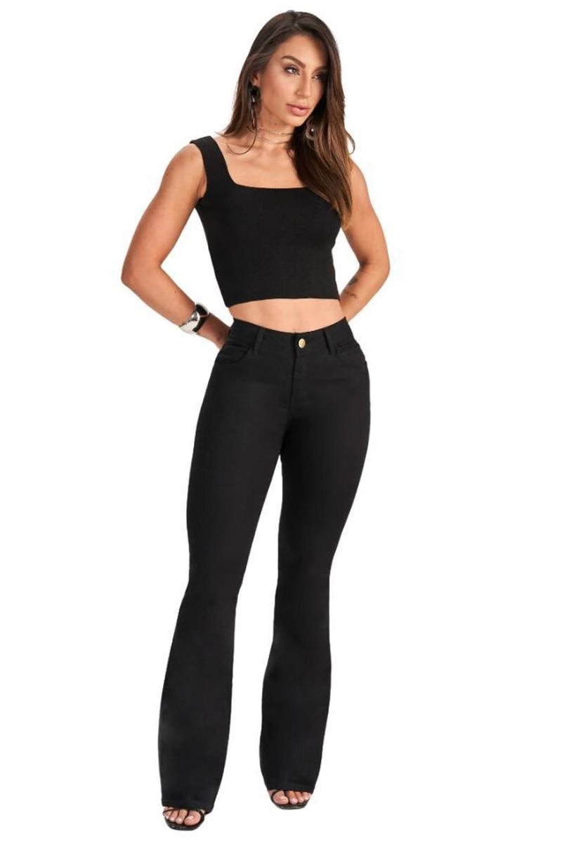 Calça Max Denim Sarja Flare Feminina Preta