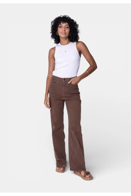 Produto - Calça Calvin Klein Sarja Wide Leg Feminina Marrom