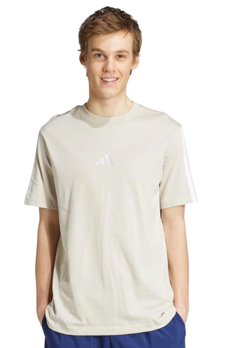 Camiseta Adidas Malha Simples Essentials 3 Listras Masculina Bege