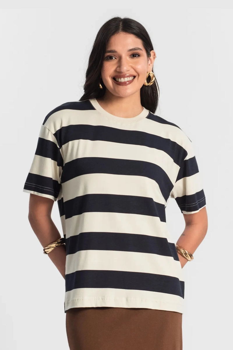 Produto - Camiseta Rovitex Listrada Feminina Marinho