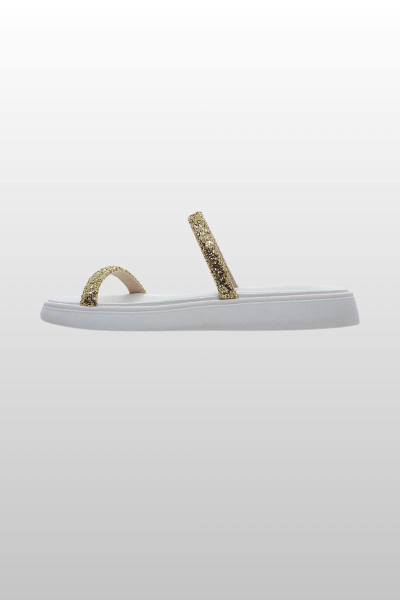 Produto Chinelo Moleca Papete Flat Feminino Branco Off e Dourado