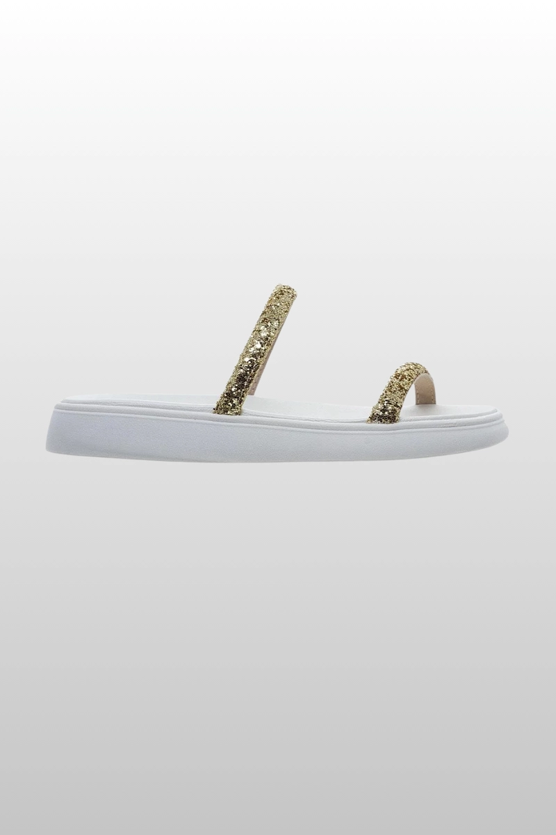 Produto - Chinelo Moleca Papete Flat Feminino Branco Off e Dourado