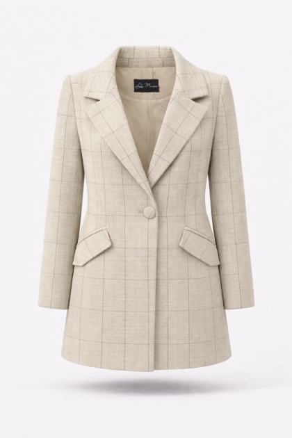 Casaco La Marca Xadrez Lã Feminino Bege Produto - Casaco La Marca Xadrez Lã Feminino Bege