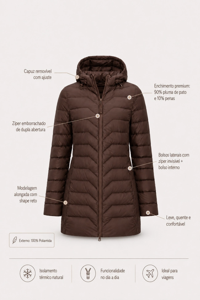Jaqueta Alpelo Longa Nylon Forrada com Pluma de Ganso Marrom Chocolate Produto Jaqueta Alpelo Longa Nylon Forrada com Pluma de Ganso Marrom Chocolate