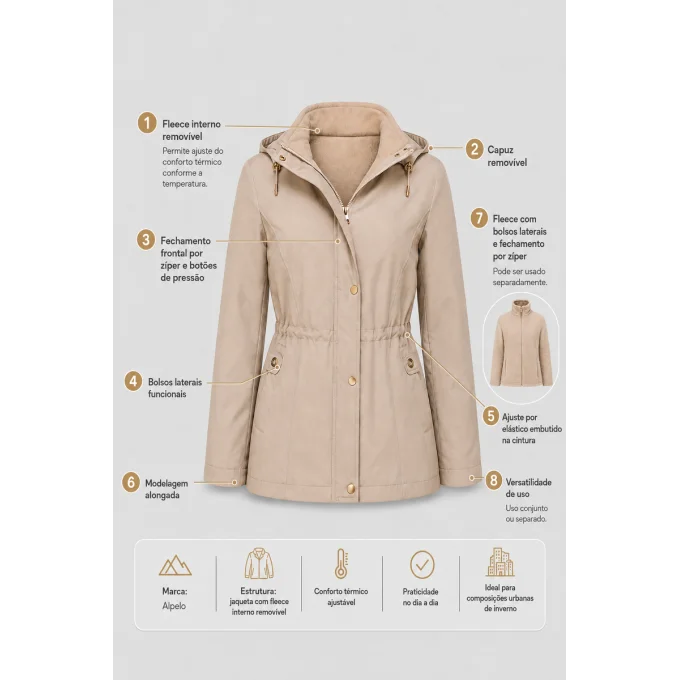 Produto Jaqueta Alpelo Parka Com Fleece Destacável Feminina Bege Macadâmia
