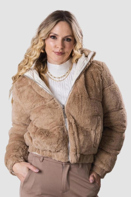Produto - Jaqueta Crocker Dupla Face Capuz Pelos Feminina Areia