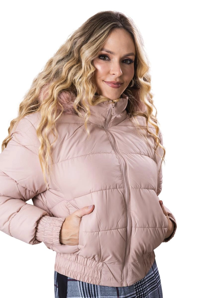 Jaqueta Crocker Nylon Puffer Capuz Pelinhos Feminina Nude