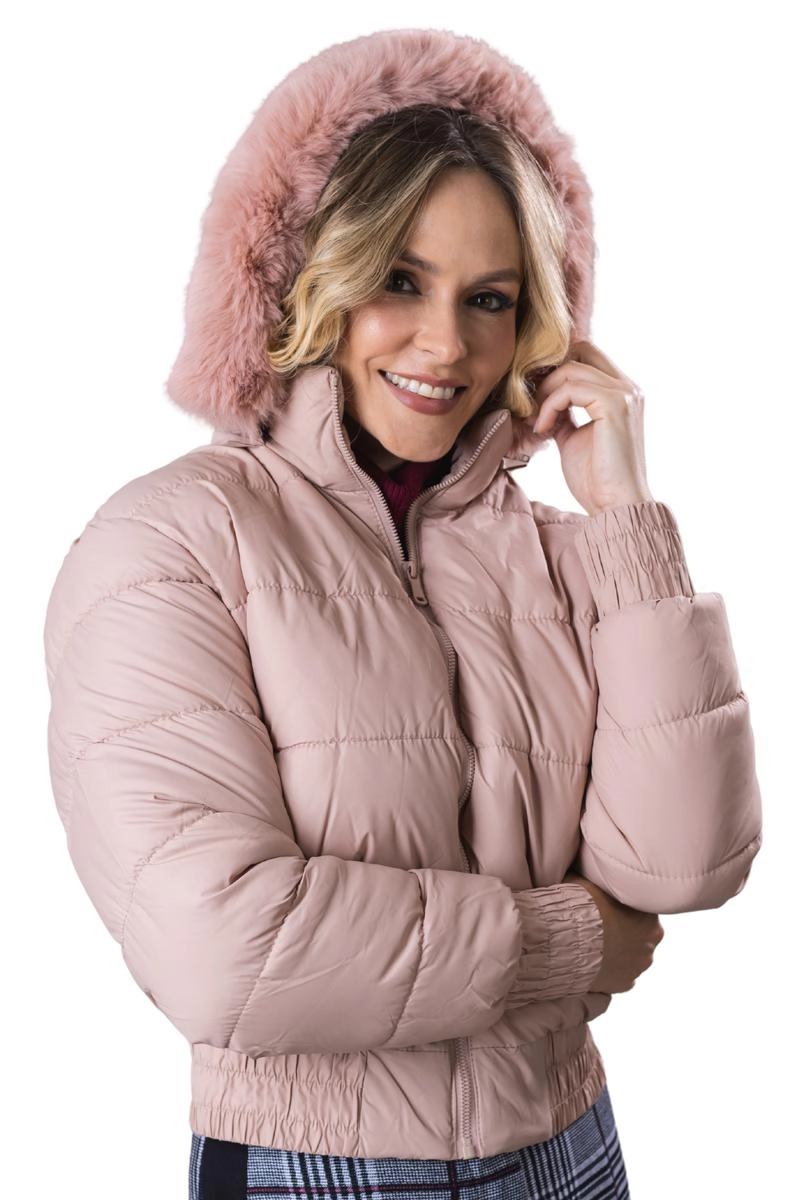 Jaqueta Crocker Nylon Puffer Capuz Pelinhos Feminina Nude