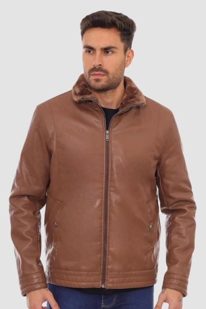 Produto - Jaqueta Crocker Pu Gola Pelo Zíper Masculina Caramelo