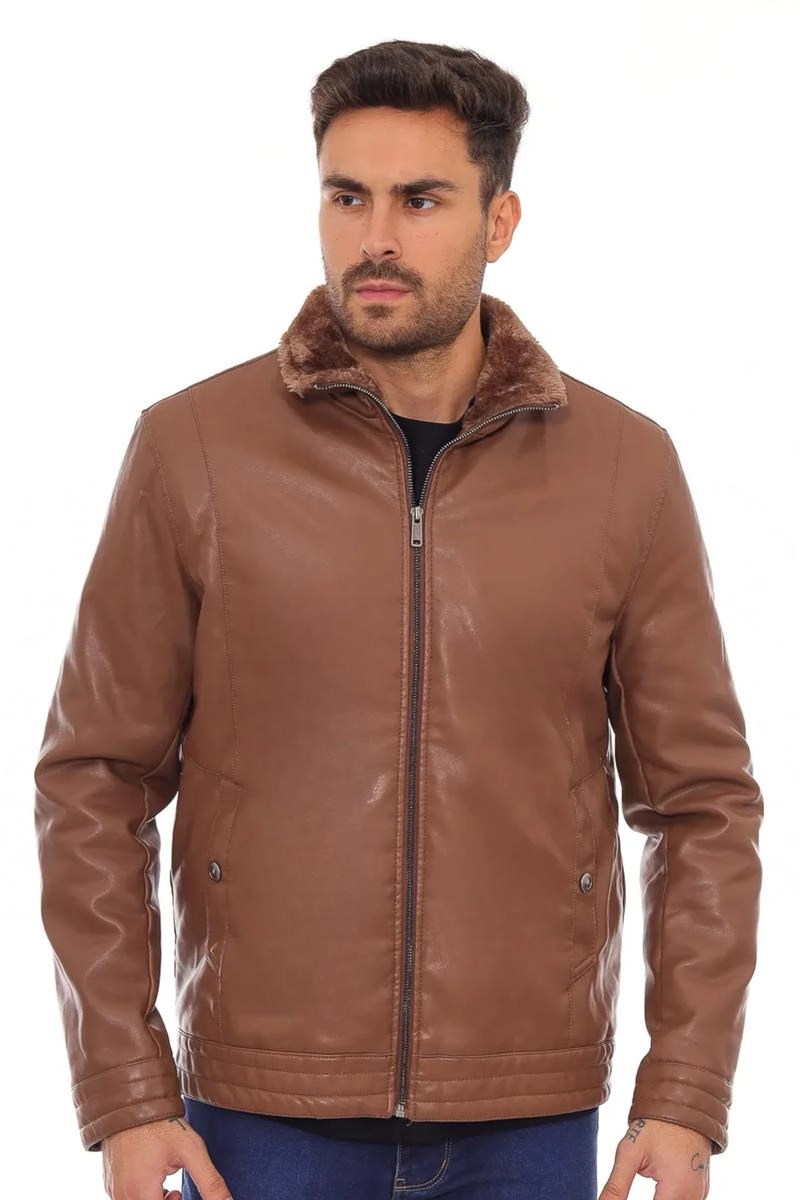 Jaqueta Crocker Pu Gola Pelo Zíper Masculina Caramelo