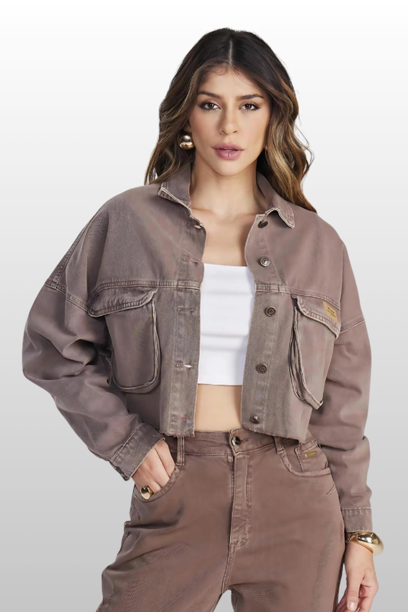 Produto - Jaqueta Max Denim Sarja Cropped Feminina Marrom