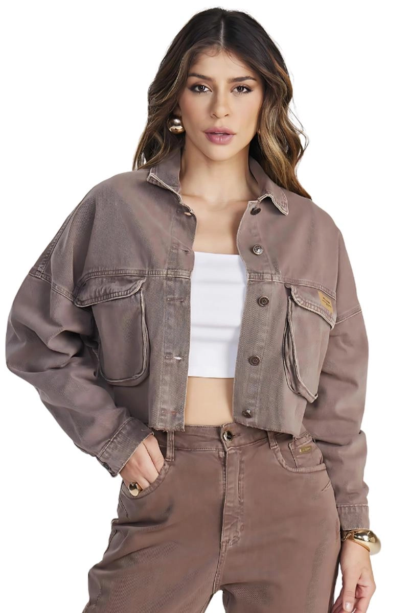 Jaqueta Max Denim Sarja Cropped Feminina Marrom