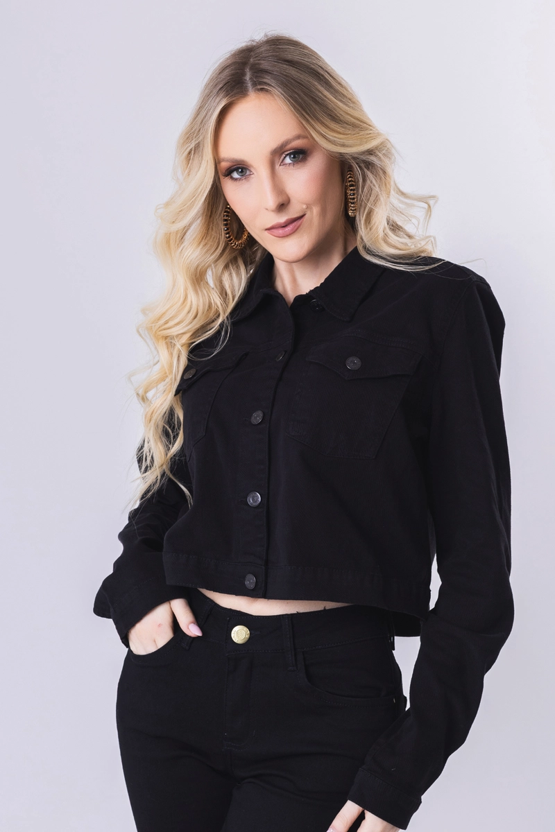 Produto - Jaqueta Max Denim Sarja Tradicional Sem Bolso Feminina Preta