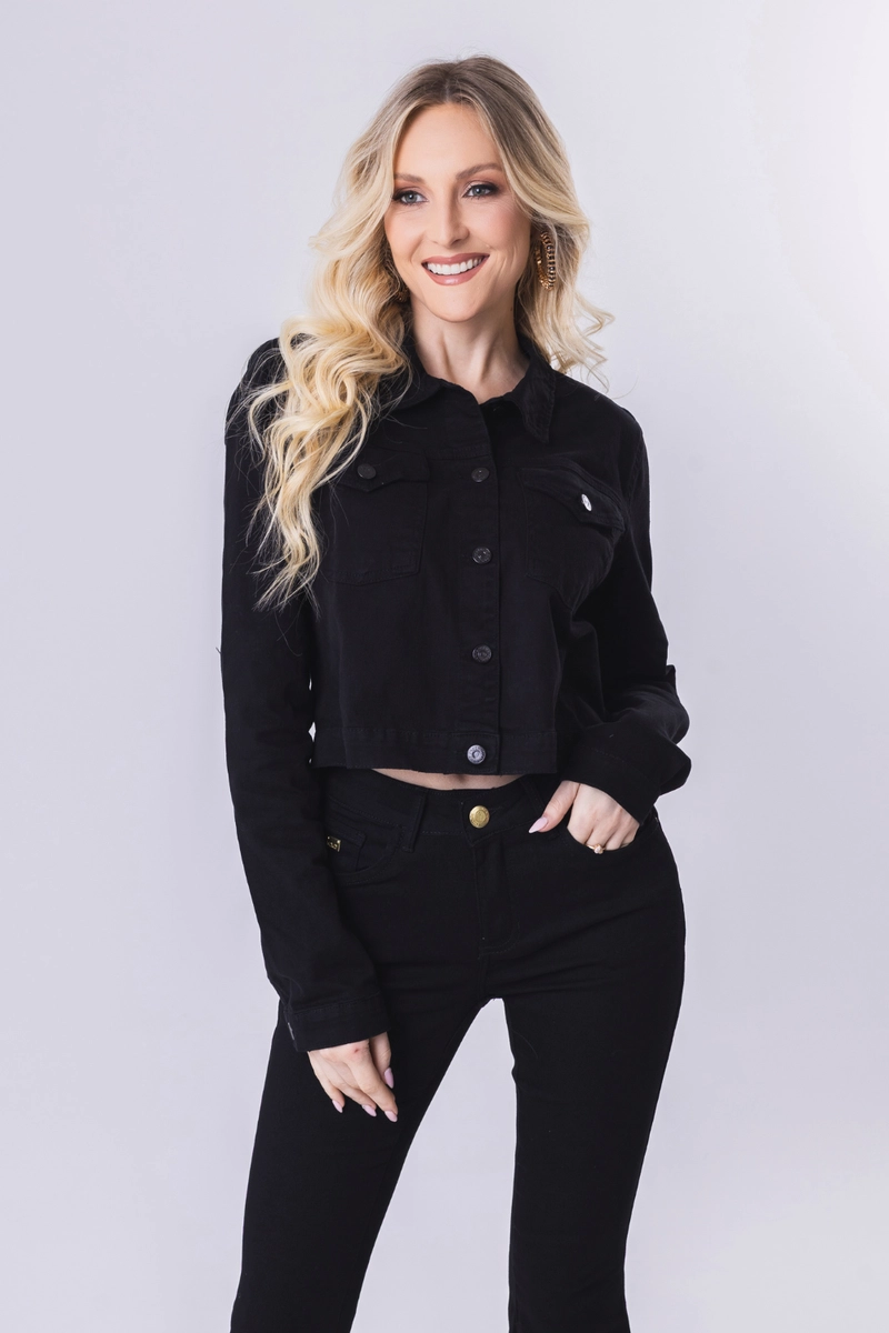 Produto - Jaqueta Max Denim Sarja Tradicional Sem Bolso Feminina Preta