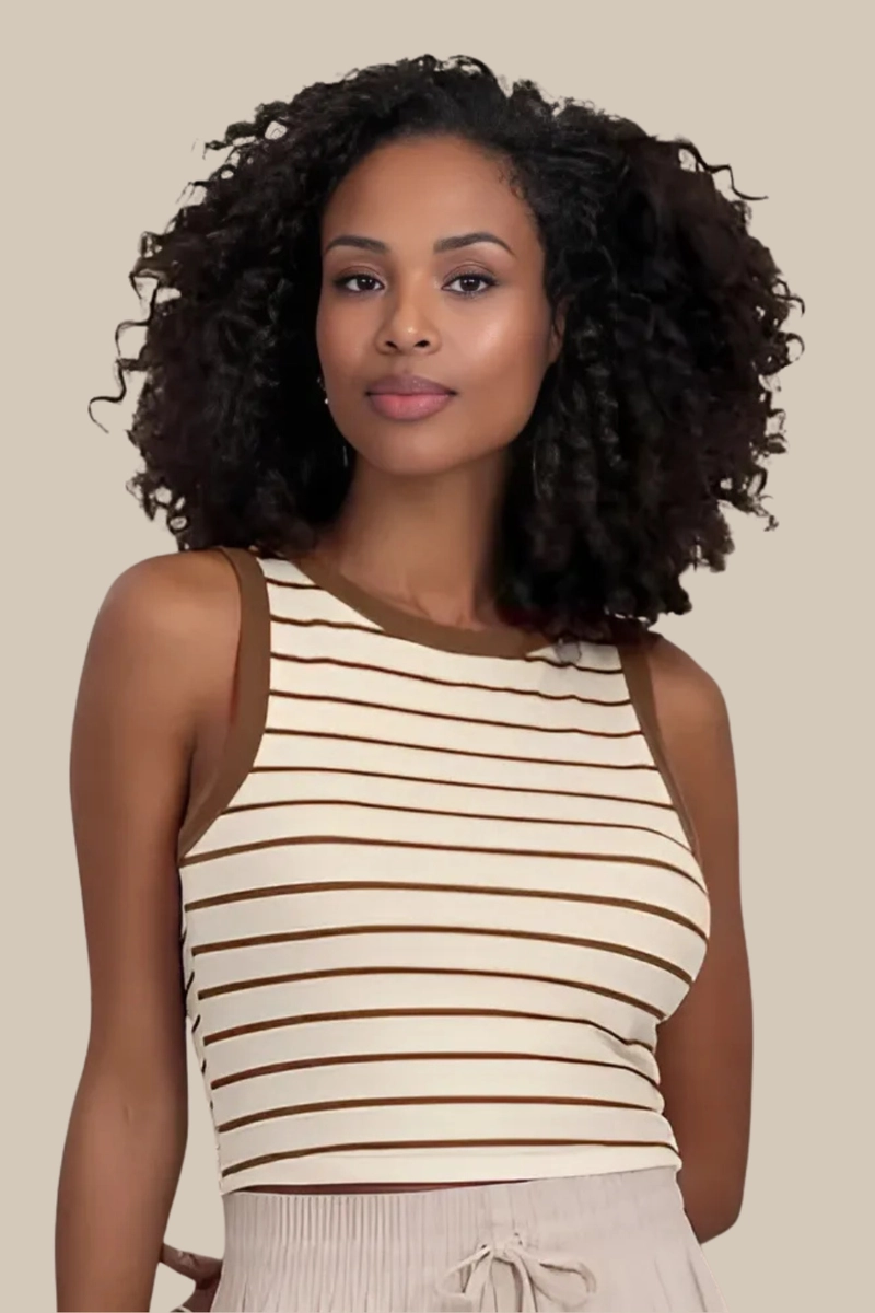 Produto - Regata Rovitex Cropped Listrada Feminina Marrom Médio 