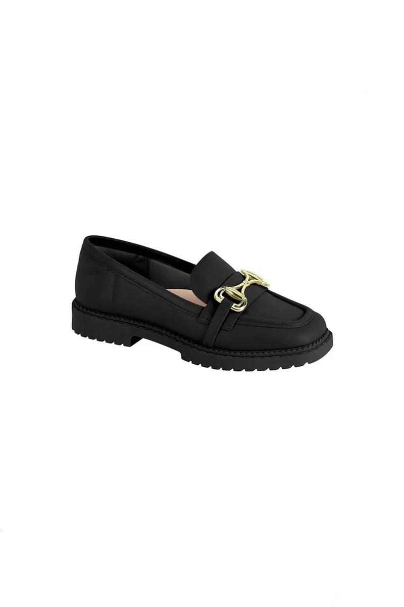 Sapato Moleca Mocassim Corrente Detalhe Feminino Preto