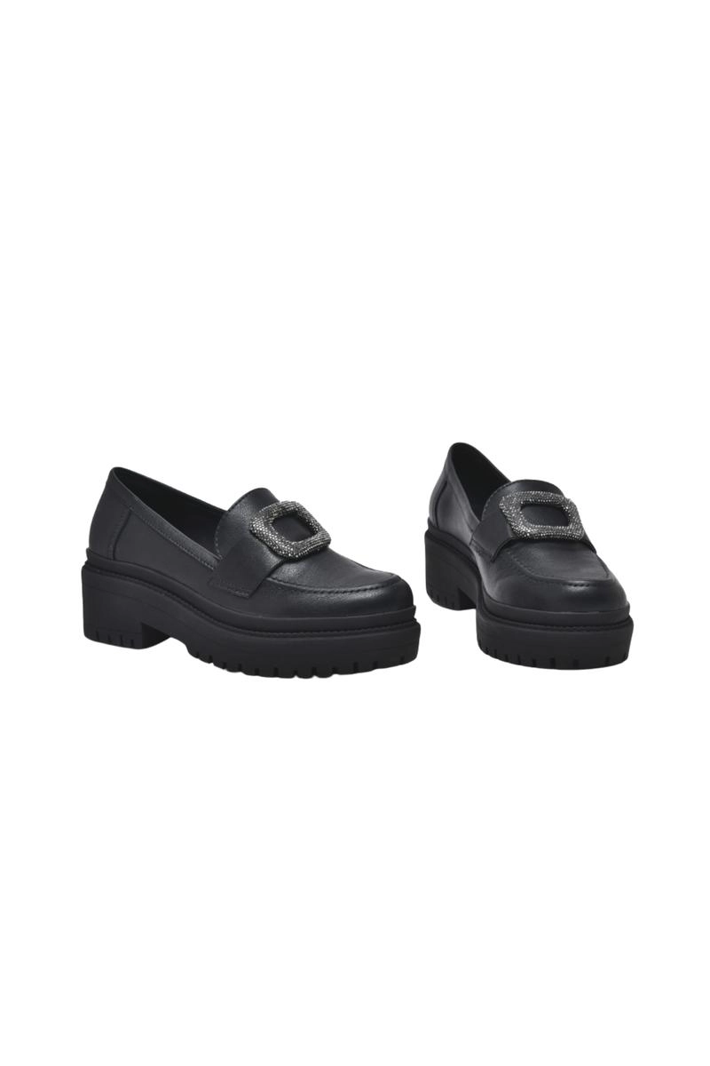 Produto Sapato Via Marte Loafer Fivela Strass Brilhosa Feminino Preto