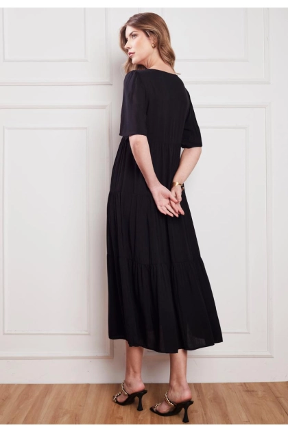 Produto Vestido Aishty Longo Manga Curta Feminino Preto 