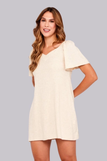 Produto - Vestido Aishty Midi Manga Curta Feminino Creme