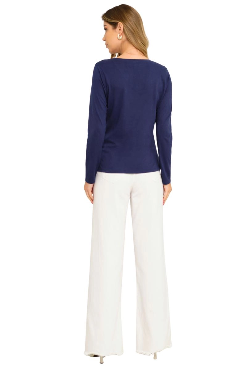 Blusa Aishty Básica Manga Longa Gola V Feminina Azul Escuro