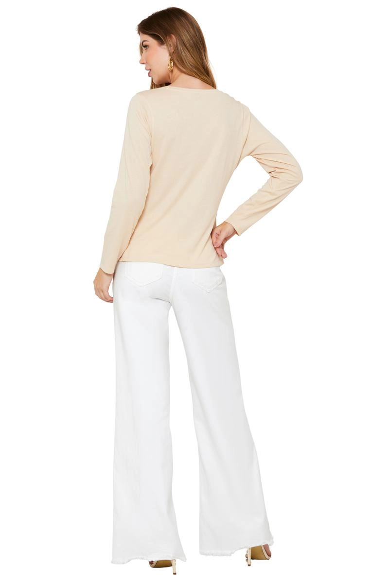Blusa Aishty Básica Manga Longa Gola V Feminina Bege Claro