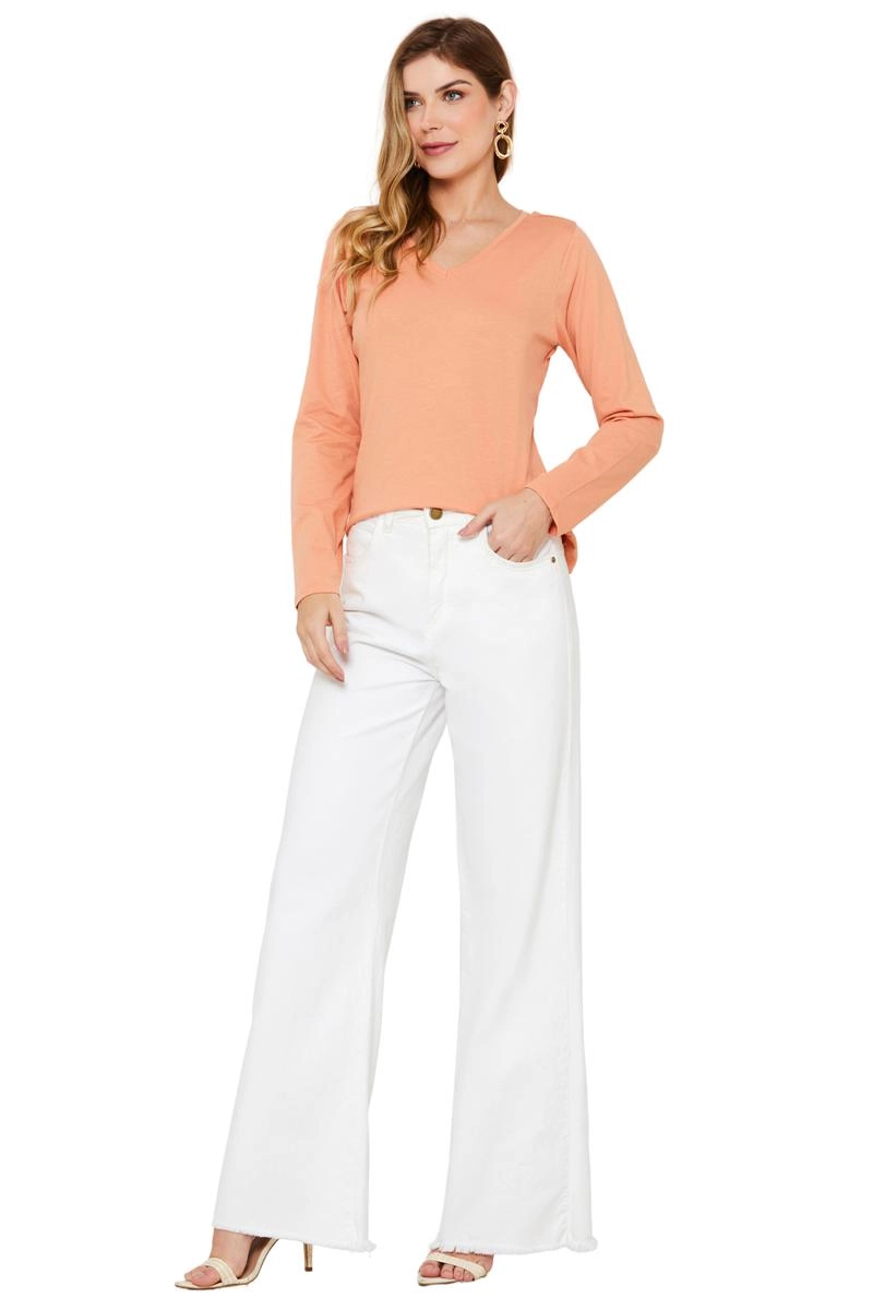 Blusa Aishty Básica Manga Longa Gola V Feminina Laranja Claro