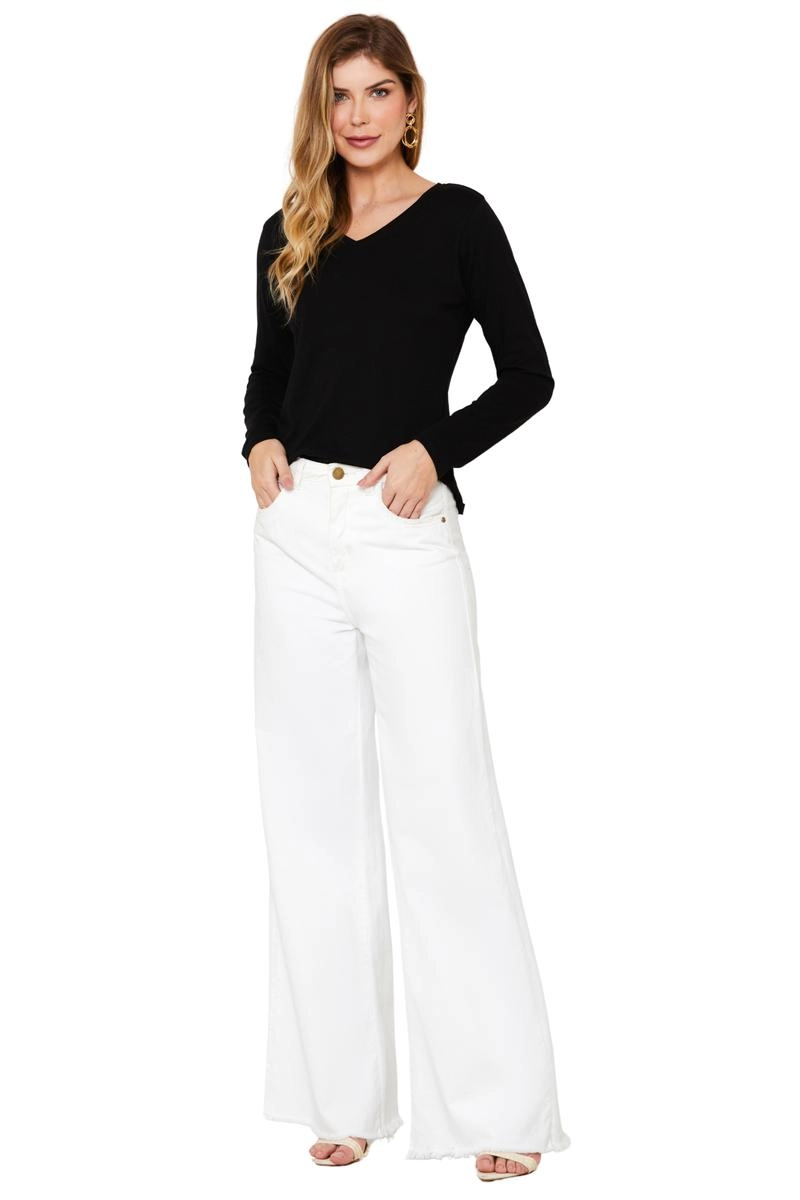 Blusa Aishty Básica Manga Longa Gola V Feminina Preto