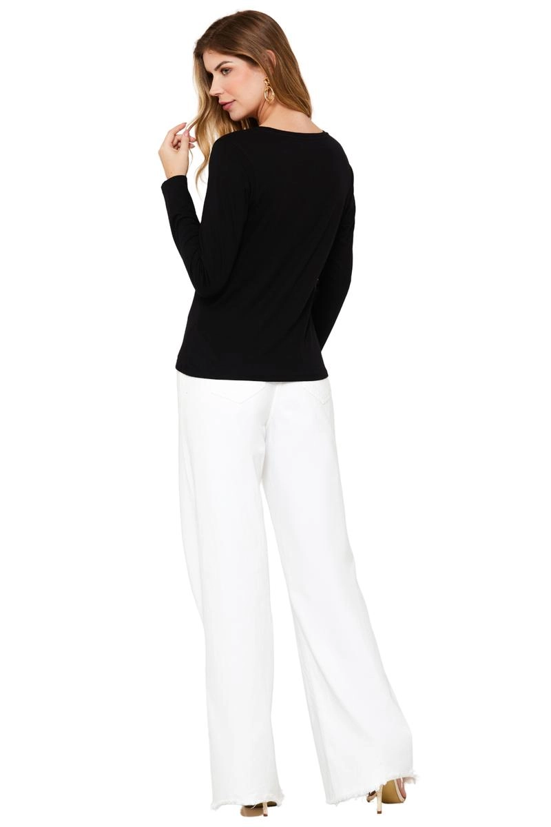 Blusa Aishty Básica Manga Longa Gola V Feminina Preto