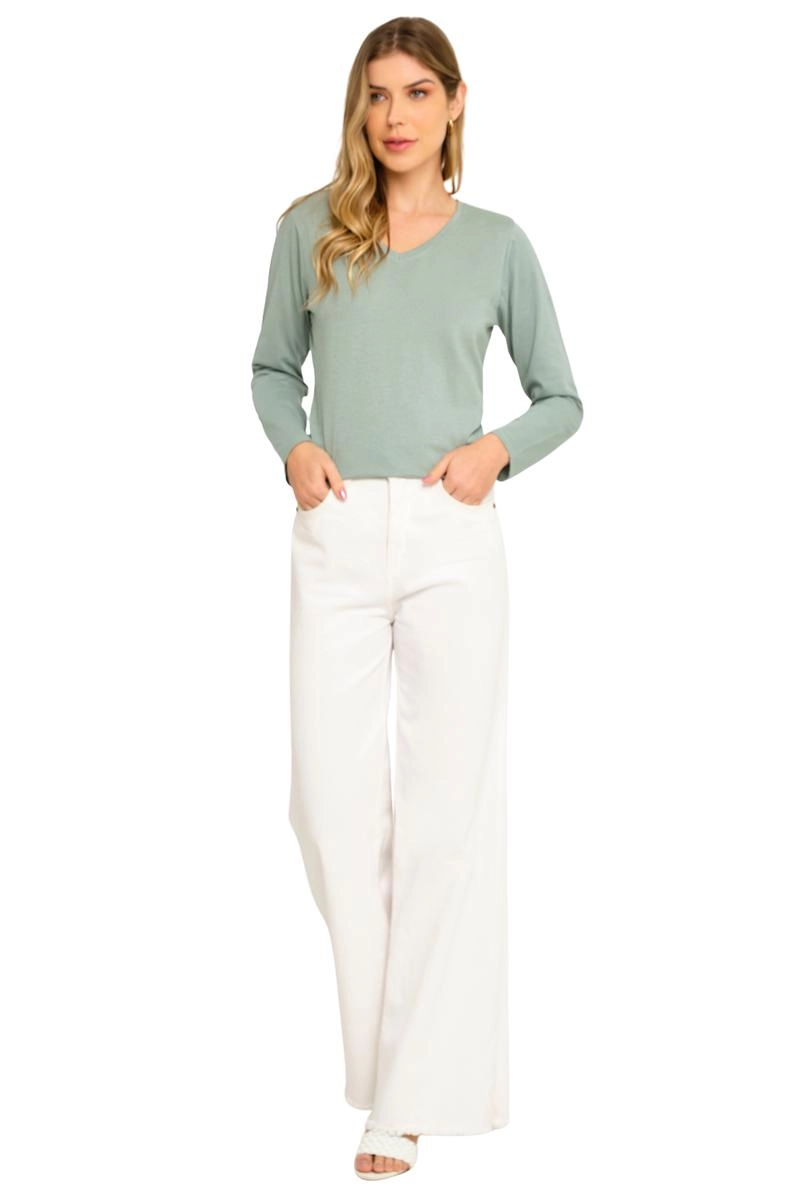 Blusa Aishty Básica Manga Longa Gola V Feminina Verde Claro